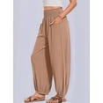 thumbnail image 5 of Women Cotton Palazzo Pants Summer Boho Wide Leg High Waist Casual Lounge Pant Vacation Outfits Camel Color M, 5 of 7