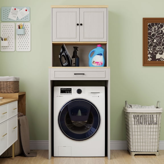 CQSXDA Over The Washer And Dryer Storage Cabinet In Antique White With Adjustable Shelf For Compact Laundry Room Organization