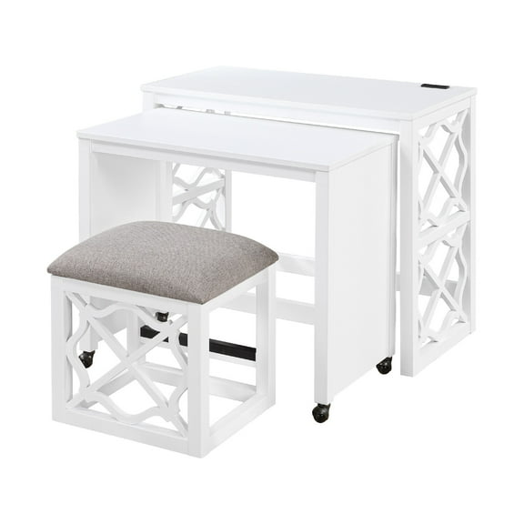 Syna 3 Piece Nesting Desk and Stool Set- White Wood- Gray Polyester