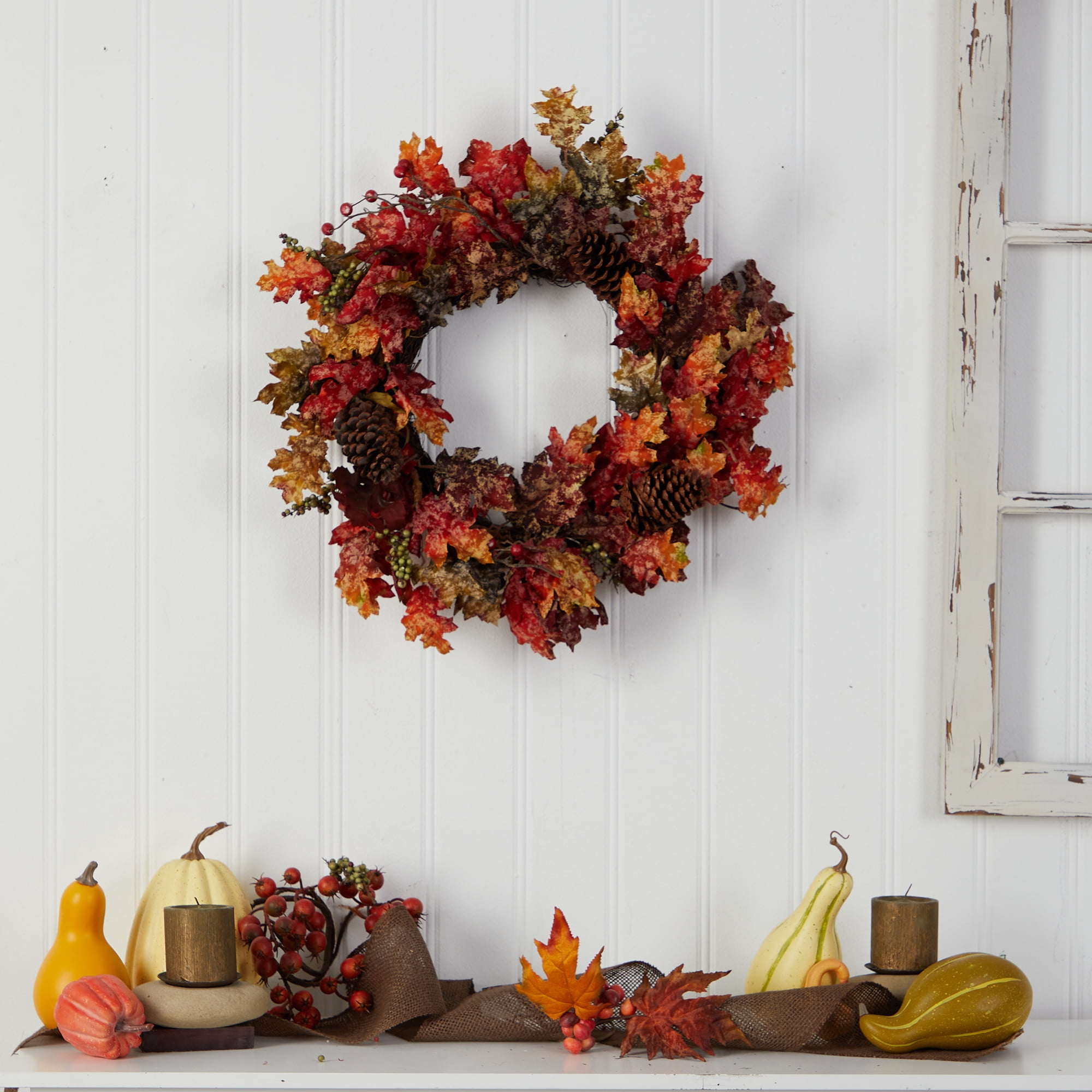 Nearly Natural Plastic Thanksgiving Artificial Fall Wreath, 24" (Multicolor)