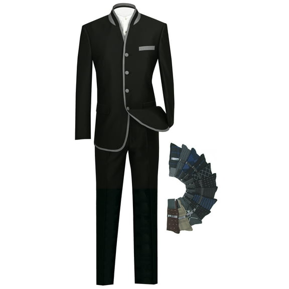Slim Fit Mandarin Banded Collar Nehru Trimmed Suit w/1 Pair Socks - Black 34S