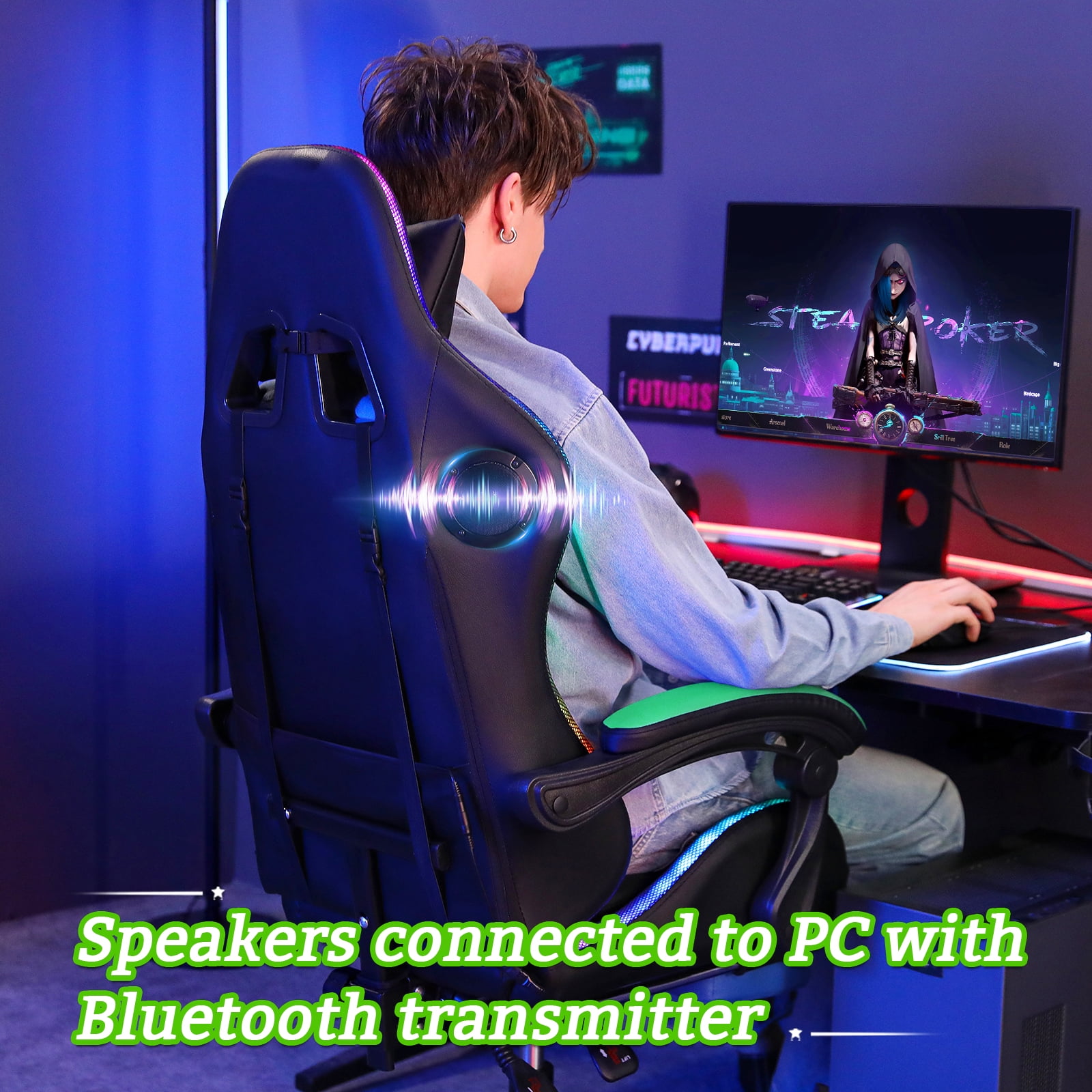 Hoffree Gaming Chair with Bluetooth Speakers and Footrest Massage Office Chair with LED Lights Ergonomic Game Chair High Back with Lumbar Support and Headrest Adjustable Swivel for Adults 300lb