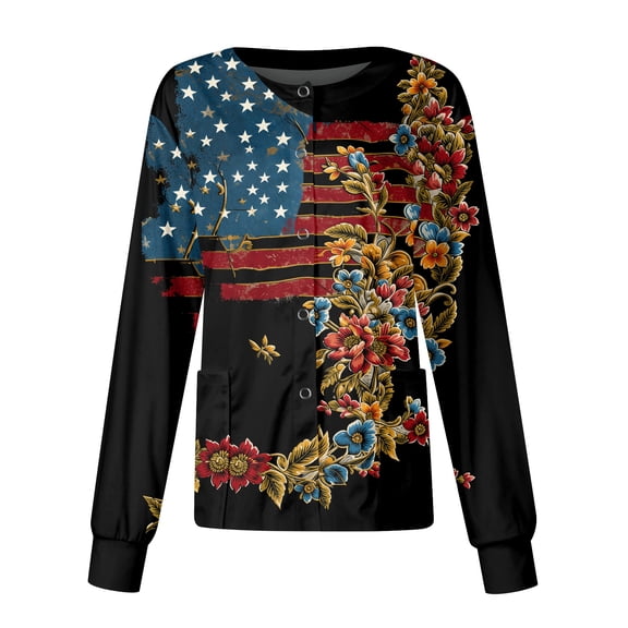 Women's Casual Fashion Long-Sleeve Stand-Up Collar Single-Button Independence Day Print Workwear Jacket Black L