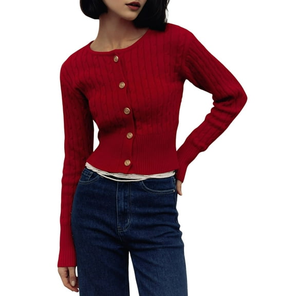 Women Elegant Round Neck Long Sleeve Button Down Cropped Knitted Cardigan Fall Slim Fit Sweaters Tops Red S