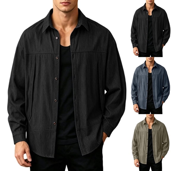 Mens Loose Fit Denim Shirt Jacket, Lapel Collar Stitched Pocket Button Down Long Sleeve Casual Overshirt Shacket for Spring Fall Streetwear Size 4XL Black