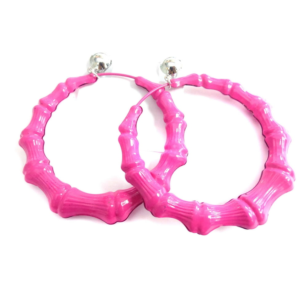 Divas Diggables Clipon Earrings Pink Bamboo Hoop Earrings 3 inch