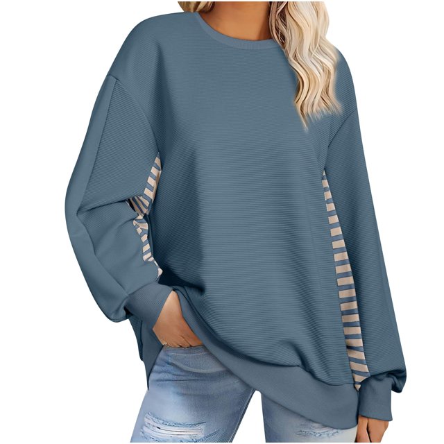 Jamicy Chandails en Molleton pour Femmes Cadeau Tendance pour Femmes Chandail en Molleton Surdimensionné 2025 Décontracté Ample à Rayures Colorblock Manches Longues Col Rond Tunique