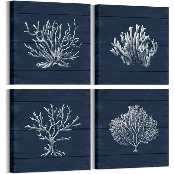 Coral Canvas Wall Art Prints Ocean Navy Blue Coastal Artwork Beach Home Decor Picture Framed Ready to Hang 12"x12"x4 Pieces