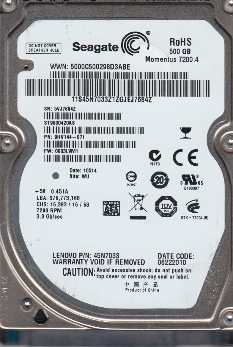 ST9500420AS, 5VJ, WU, PN 9HV144-071, FW 0003LVM1, Seagate 500GB SATA 2.5 Hard Drive