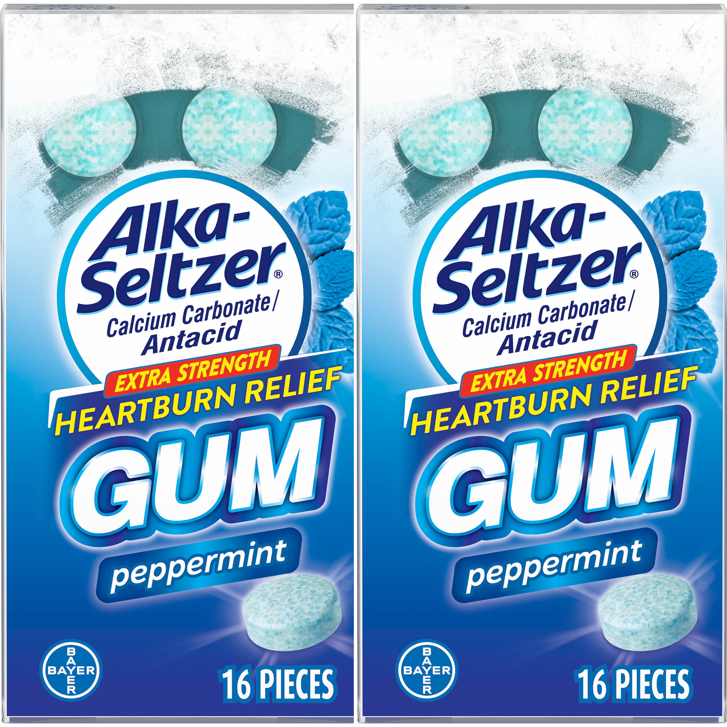 AlkaSeltzer Heartburn Relief Antacid Gum, Peppermint, 16 Count, 2 Pack