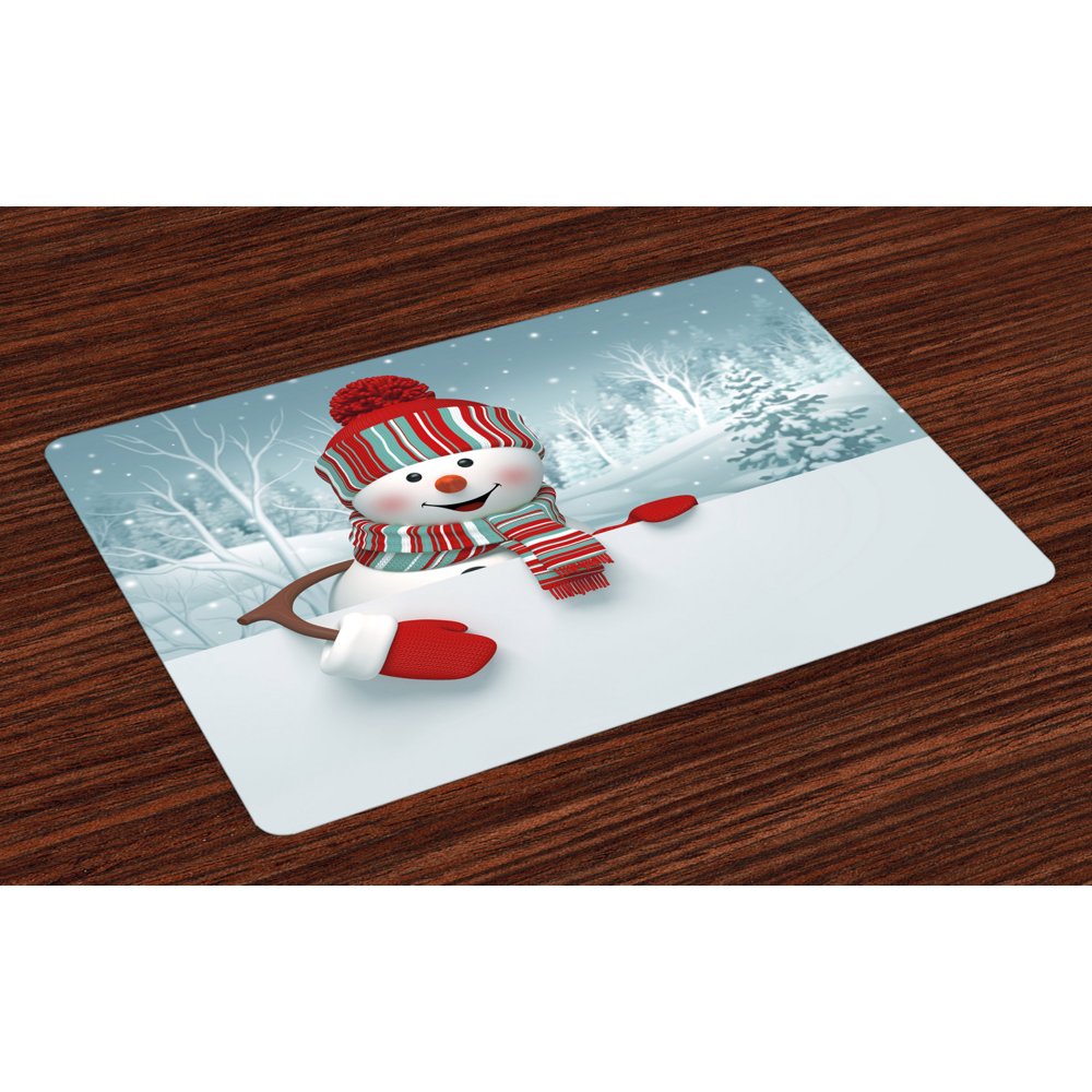Snowman Placemats Set of 4 Smiling 3D Style Mascot with Hat and Scarf