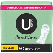 U by Kotex Clean & Secure Ultra Thin Pads, Regular Absorbency, 60 Count