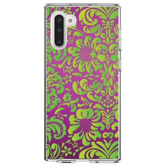 DistinctInk Clear Shockproof Hybrid Case for Samsung Galaxy Note 10 (6.3" Screen) - TPU Bumper, Acrylic Back, Tempered Glass Screen Protector - Purple Green Floral Pattern