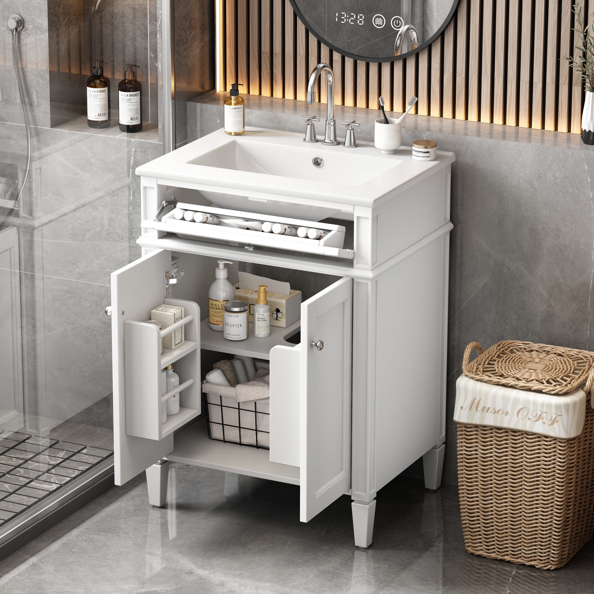 Euroco 24" Bathroom Vanity with 2 Doors and Tip-Out Drawer, Bathroom Storage Cabinet with Sink, Soft-Closing Doors with Organizers