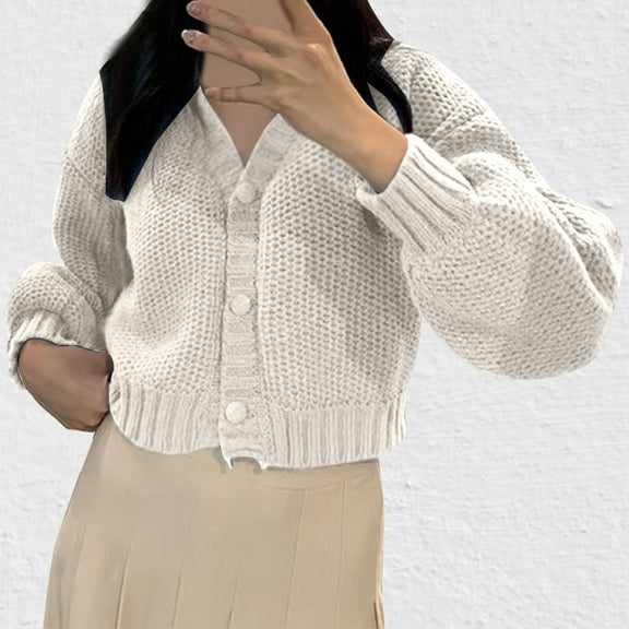 AGWOLF Cropped Cardigan Sweaters for Women Fashion Button Up Knit Jackets Solid Lantern Long Sleeve Tops Fall Winter Y2K Coat