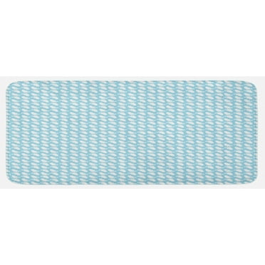 Cartoon Kitchen Mat, Diagonal Footprint Pattern Themed Illustration Happy Moments, Plush Decorative Kitchen Mat with Non Slip Backing, 47" X 19", Pale Blue White, by Ambesonne