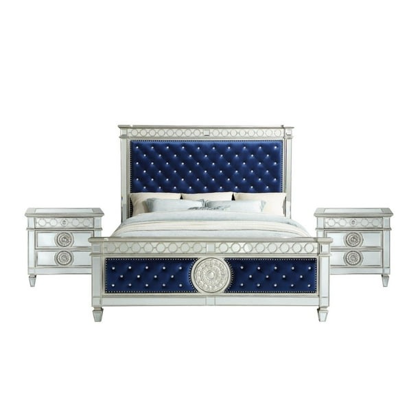 Contemporary Blue Velvet & Mirrored Queen Bedroom Set by Acme Varian