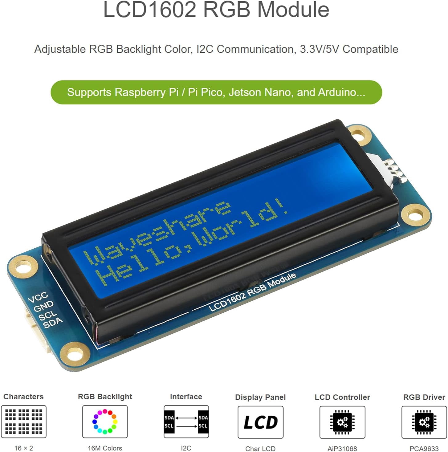 1602 LCD Display RGB Module 16x2 Characters 16M Colors RGB Backlight LCD Module, 3.3V/5V Compatible, I2C Bus, for /Pi Pico, Jetson Nano Arduino