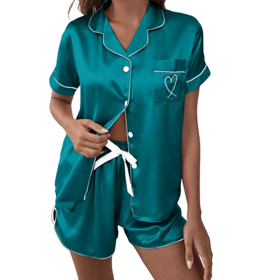ManxiVoo Women's Short Sleeve Button Down Pajama Set Comfy Boyleg Shorts Lounge Wear for Fall Season Chic Elastic Waist L Size Blackish Green
