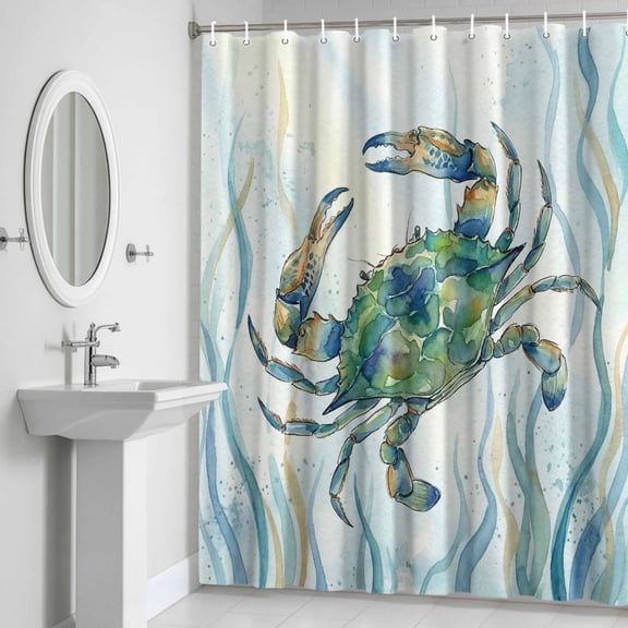 Shower Curtain, Watercolor Blue Crab Striped Waterproof Shower Curtain Set with Hooks for Bathroom Showers,Stalls and Bathtubs,72x72In Abstract Marine Life