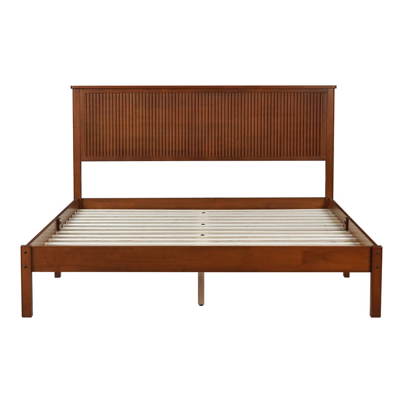 Queen Size Wood Bed Frame with Wave-Fluted Headboard, Low-Profile Platform Bed with Central Support Legs and Under-Bed Space