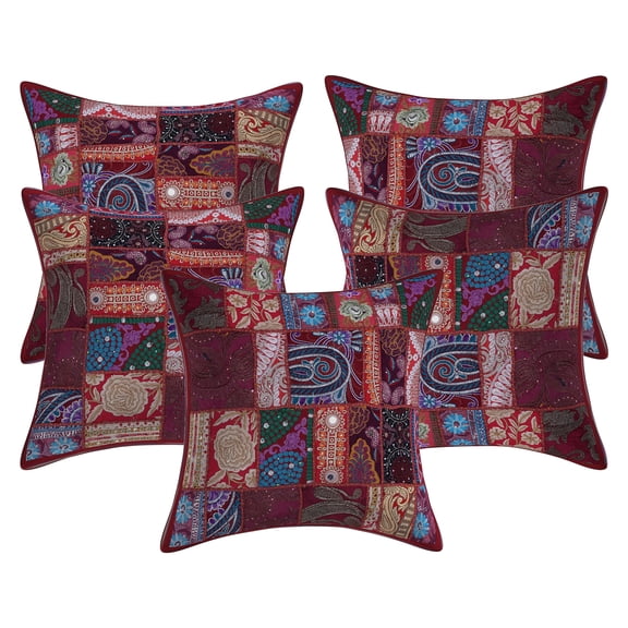 Stylo Culture Ethnic Cotton Home Decor Throw Pillow Covers Maroon 20 x 20 Bohemian Vintage Patchwork Ethnic Sofa Cushion Covers 50x50 cm Living Room Abstract Square Pillow Cases | Set Of 5