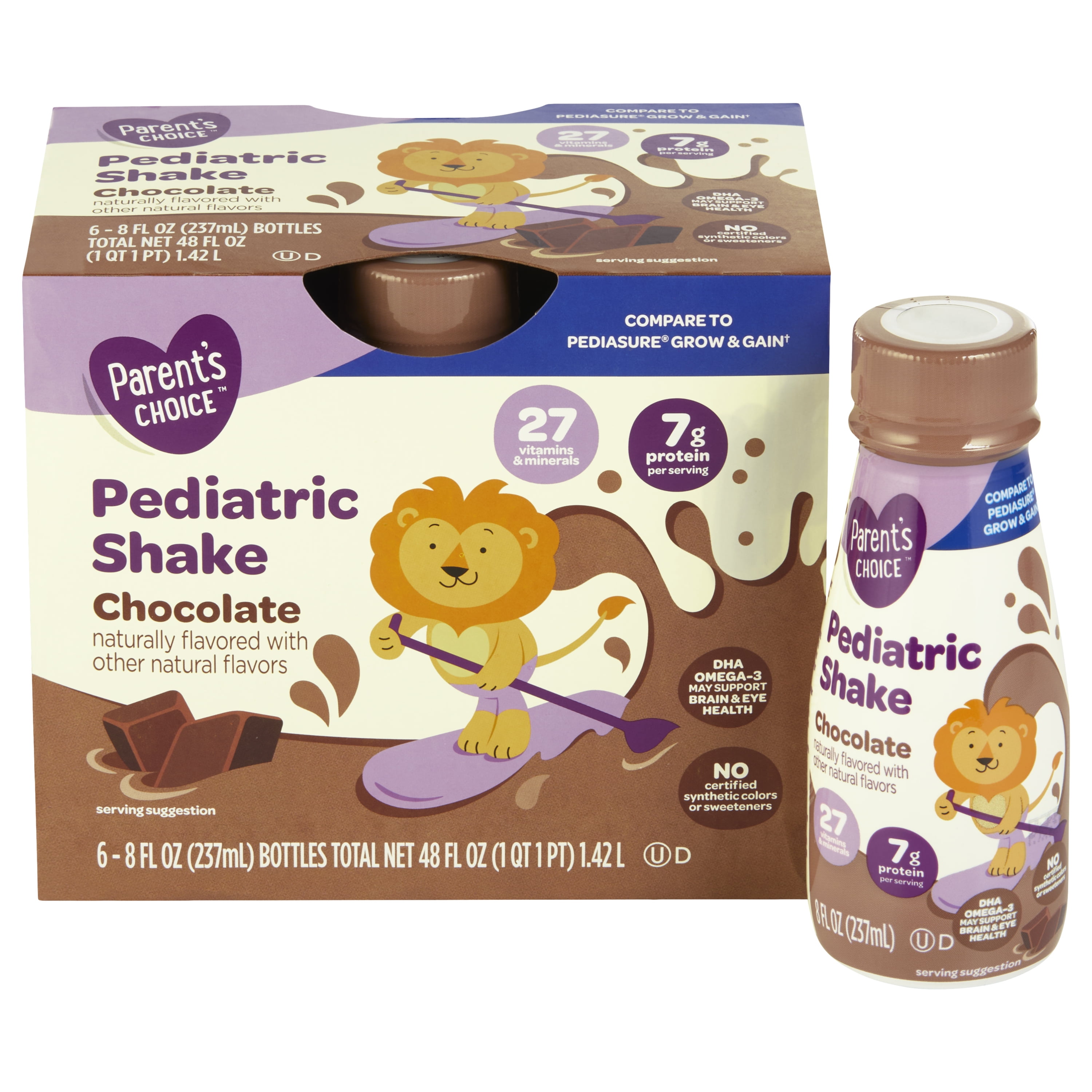 (3 pack) Parent's Choice Pediatric Shake, Chocolate, 8 fl oz Bottle, 6 Shakes