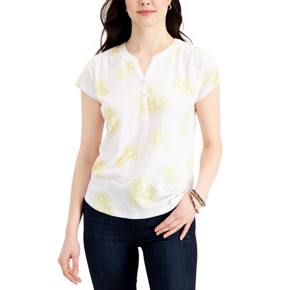 Style & Co Printed Henley T-Shirt Yellow Combo XL