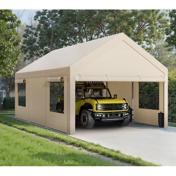 Walsunny 10x20 ft Carport with 4 Sandbags Heavy Duty Car Canopy with Roll-up Windows Portable Garage with Removable Sidewalls & Doors Khaki