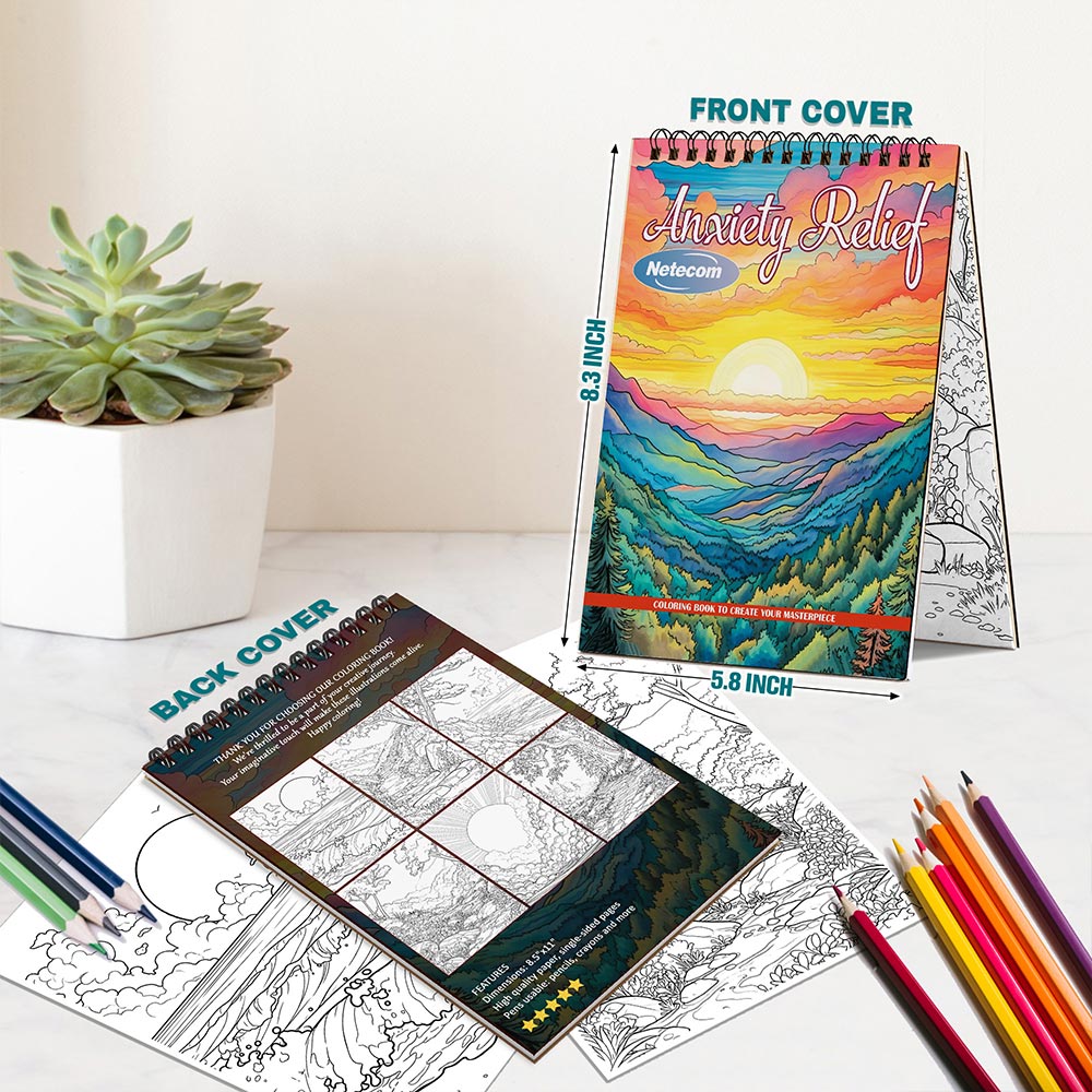 Anxiety Relief Coloring Book Spiral Bound For Adults, A5 Wooden Cover, 30 Tranquil Coloring Pages in Serene Mountain and River Scenes for Stress Relief and Relaxation