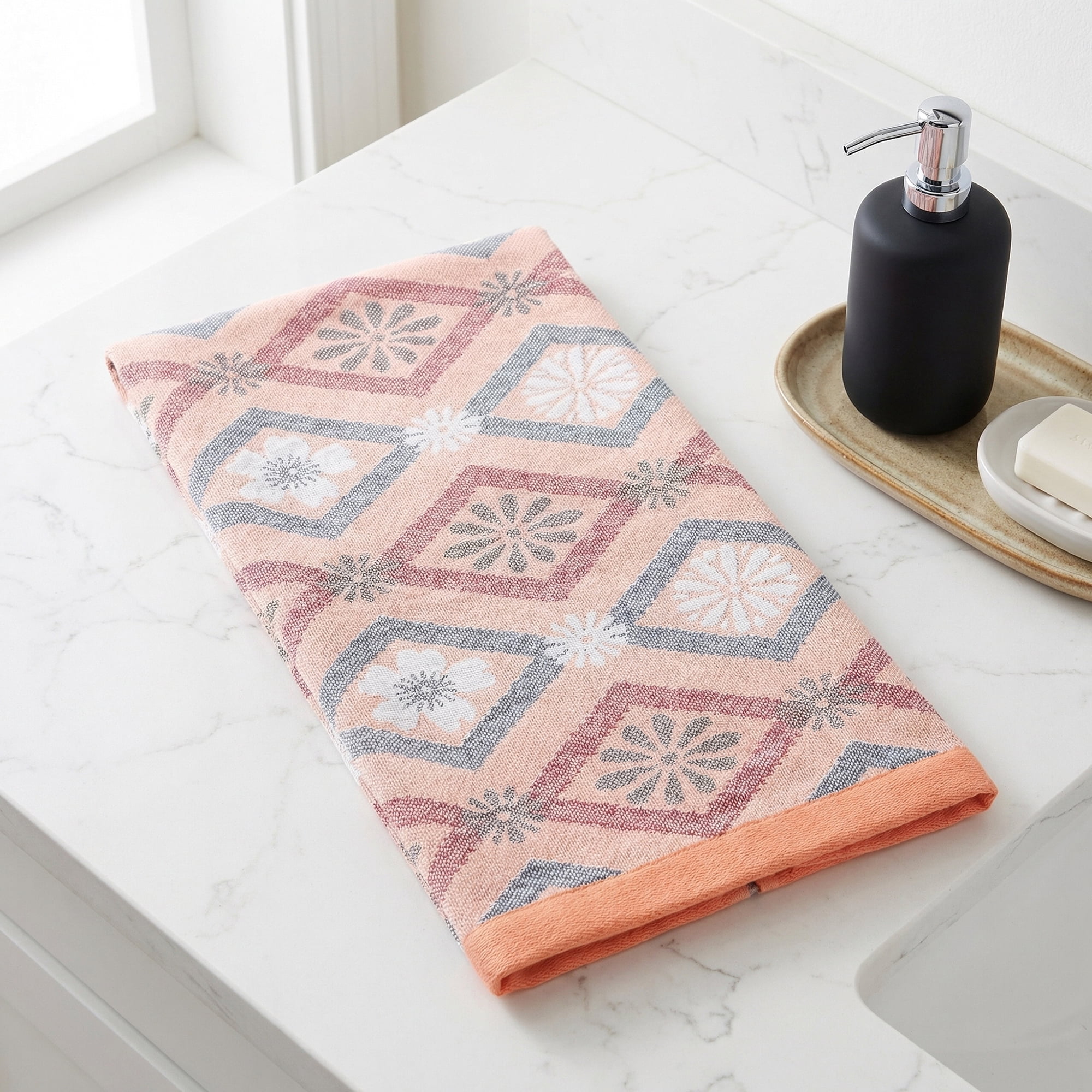 Unique Bargains Cotton Floral Jacquard Hand Towel Soft Absorbent Towel Orange 29" x 13"