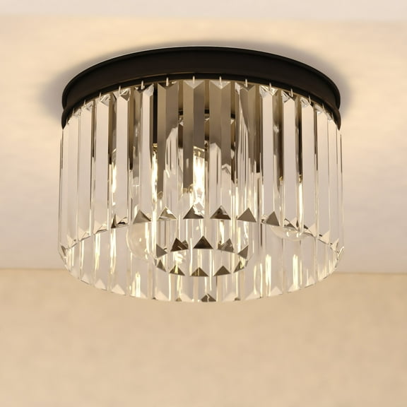 Allerton 3-Light 12 in. Wide Matte Black Modern Glam Drum Flush Mount Lighting Fixture, Clear Crystal Prisms Shade, LED Compatible, for Low Ceilings, Bedroom, Hallway, Kitchen