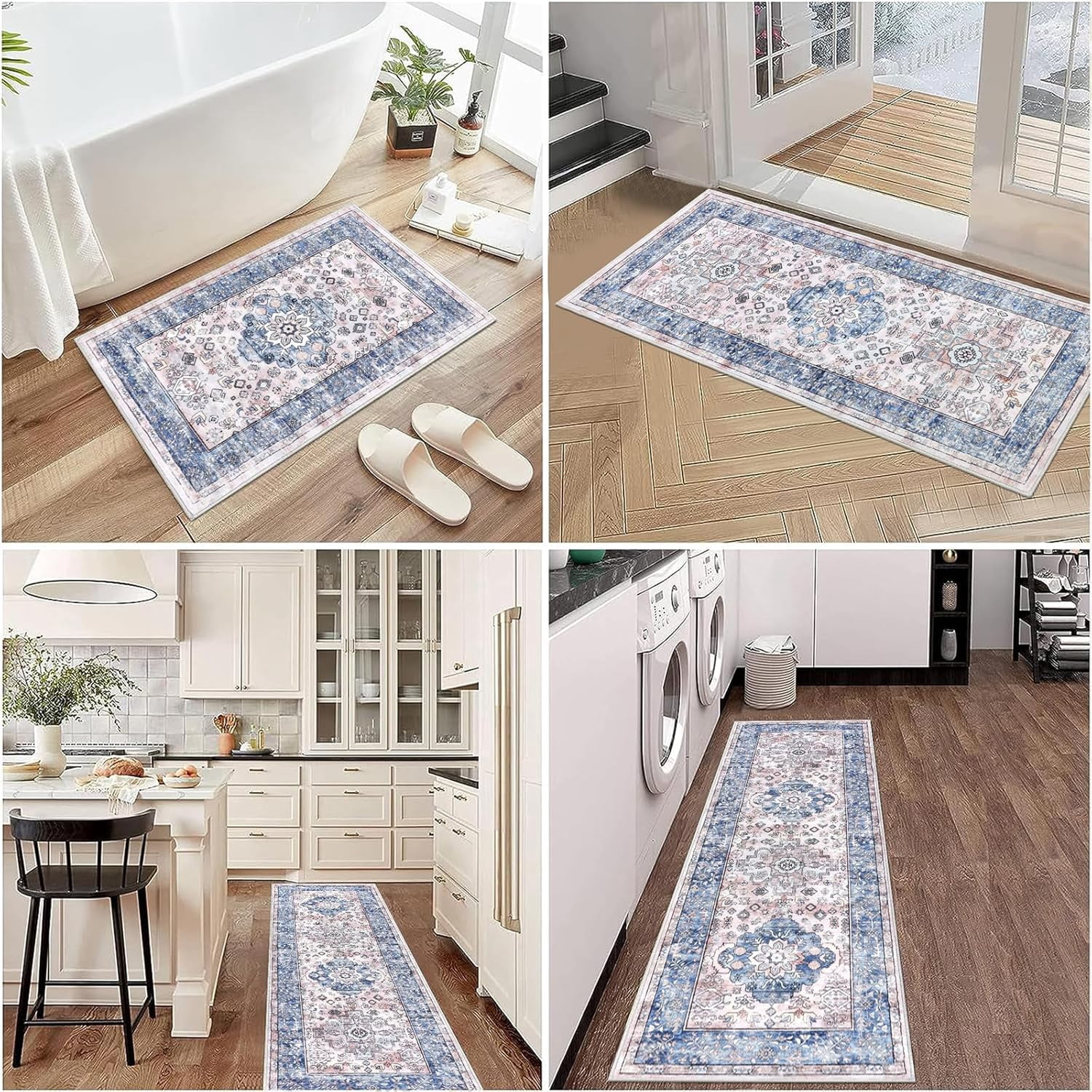 Kitchen Rugs and Mats, Yamaziot Kitchen Rug and Runners Set of 3, Anti Fatigue Mat for Floor, Washable Anti Slip Comfort Farmhouse Kitchen Runner Rug for Hallway Laundry Room Carpet, Blue