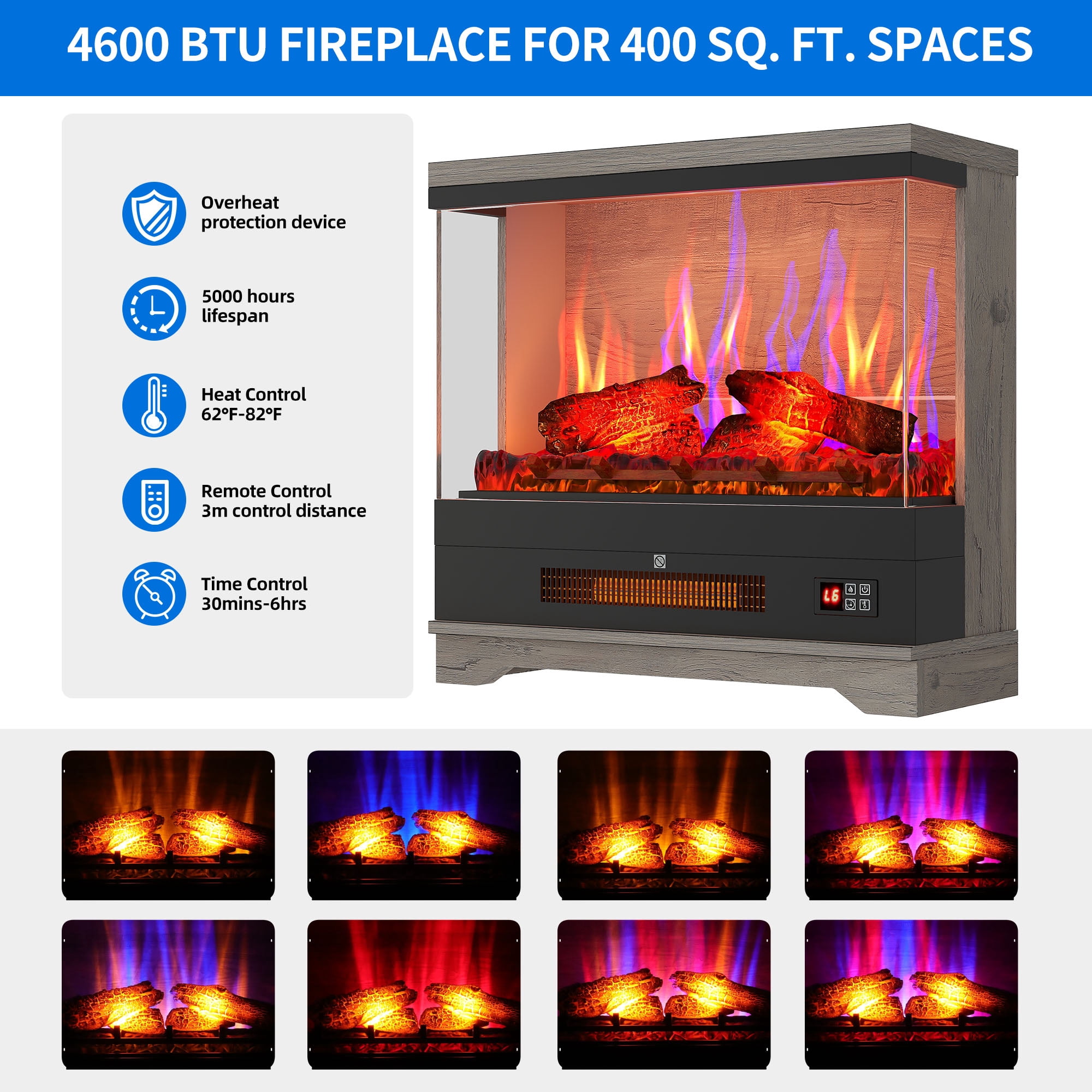 Uforic 25 inch Electric Fireplace Insert, Freestanding Fireplace with Remote Control, 7 Color Flames, 5000 BTU, Gray & Black