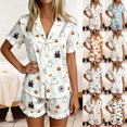 thumbnail image 2 of MEZZALL Women Halloween Print Pajama Lapel Collar Short Sleeve Tie Front Top And Shorts Sleepwear Soft Cozy Loungewear Two Piece Pajamas For Nighttime Relaxation Fashionable Pjs, 2 of 7