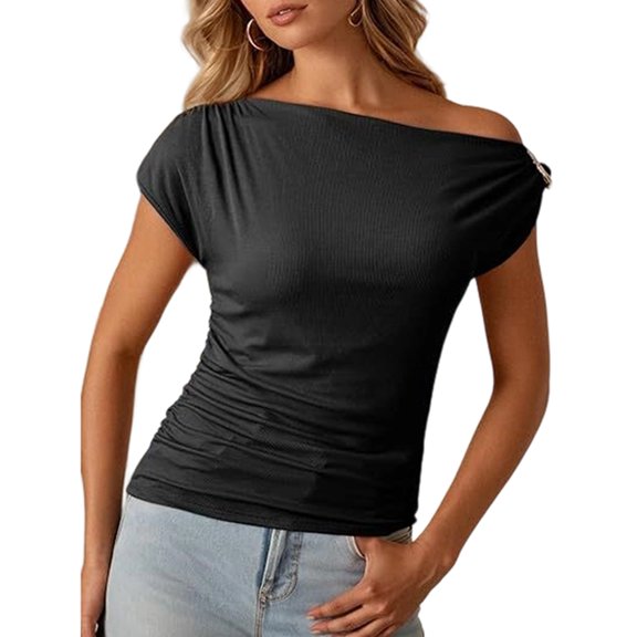 Women'S Summer Off the Shoulder Crop Tops Ribbed Going Out Fitting T Shirts Y2k Clothes Black M
