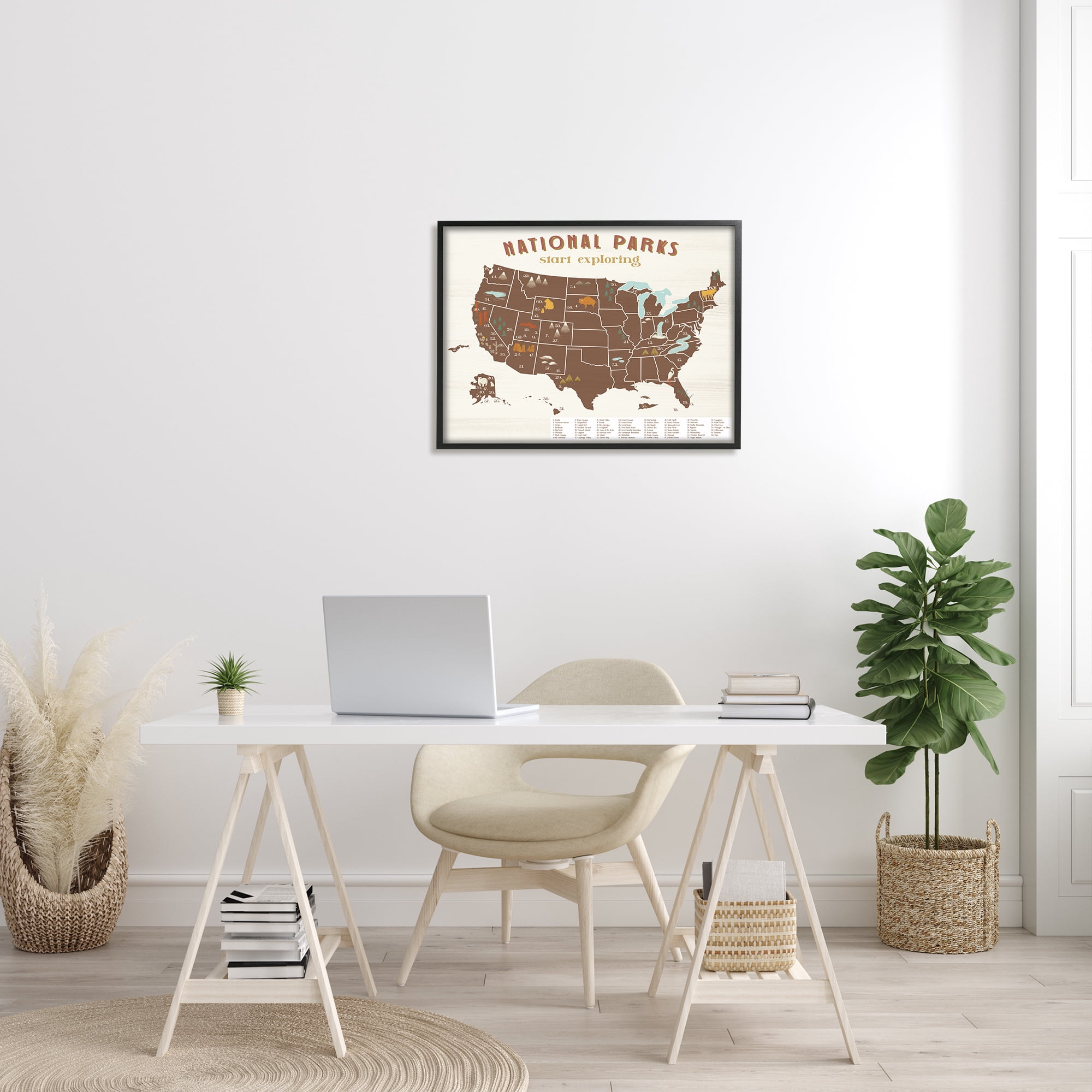 Stupell Industries Start Exploring National Parks Map United States Modern Painting Black Framed Art Print Wall Art, 24 x 30, Design by Daphne Polselli