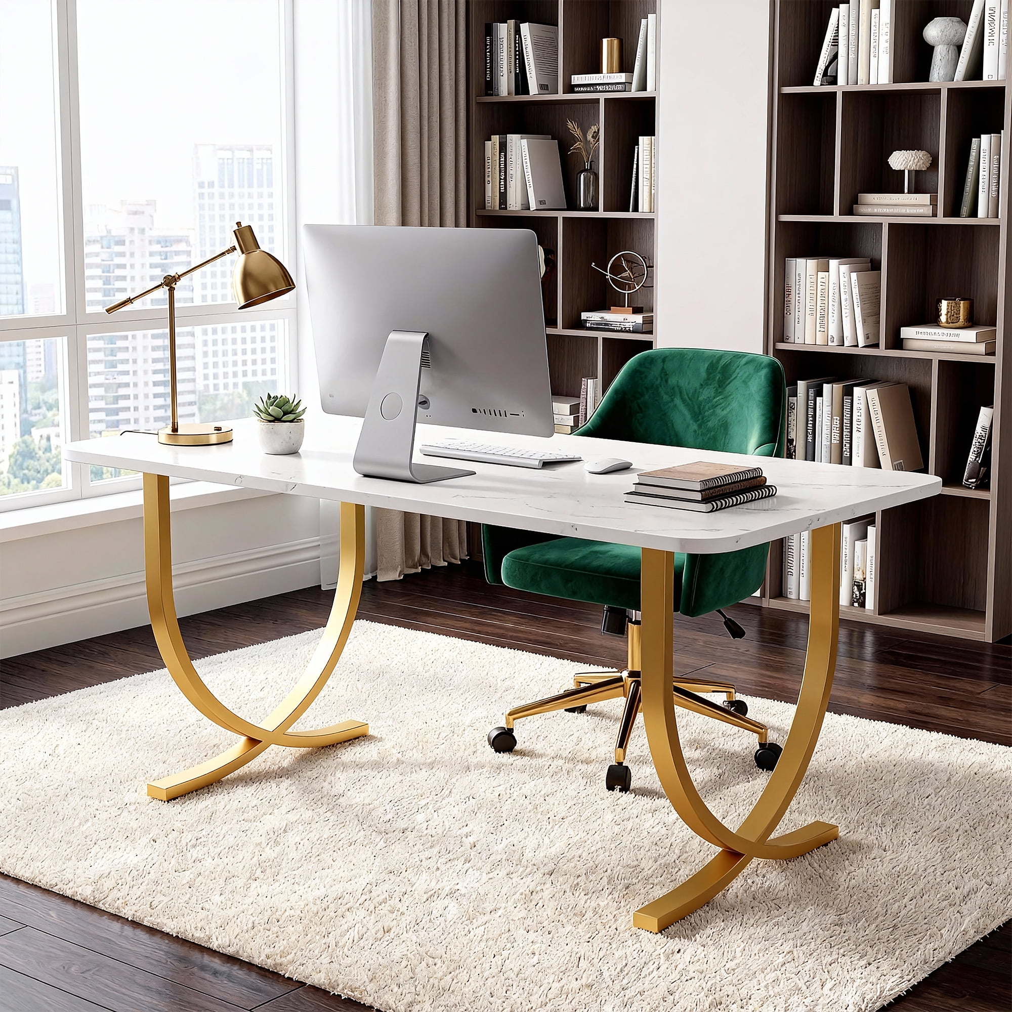 KIOOTTO 63" Executive Office Desk, Faux Marble Computer Workstation with Gold Metal Frame, White