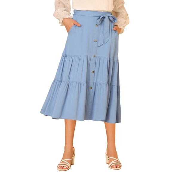 INSPIRE CHIC Women's Tie Waist Buttons Decor Solid Color A-Line Tiered Midi Skirt Blue XL