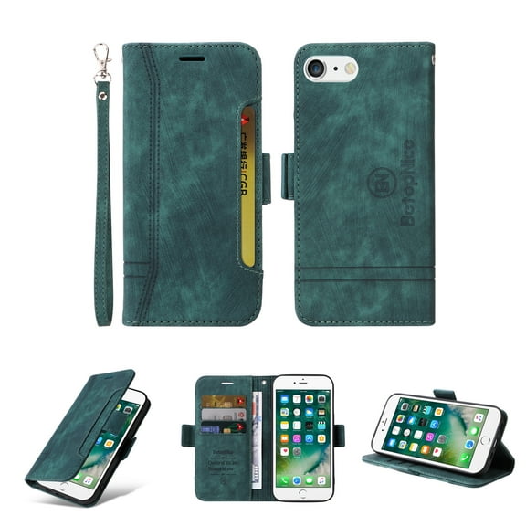 Mantto Wallet Phone Case Fit for iPhone 8 Plus/7 Plus,Premium PU Leather Magnetic Flip Stand Shockproof Drop Protective Card Slots Holder Wallet Protective Case,Green