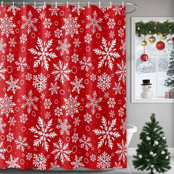 Christmas Snowflowers Shower Curtains for Bathroom, Winter White Red Retro Decoration Waterproof Fabric Shower Curtain for Bathroom Bathtub Decoration, Machine Washable, 72"x84"