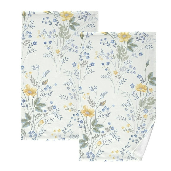 Yellow and Blue Flowers Floral Bath Hand Towels 2 Pcs Absorbent Face Towel Soft Breathable Cotton Towel Set for Bathroom Kitchen Hotel Spa Decor