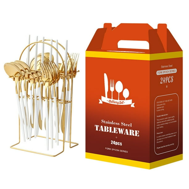 Cateissary Juego de cubiertos de acero inoxidable de 24 Uds., cuchara, cubiertos, vajilla, utensilios de cocina, presente, cuchillo, tenedor, Cocina y Comedor blanco y dorado Oro