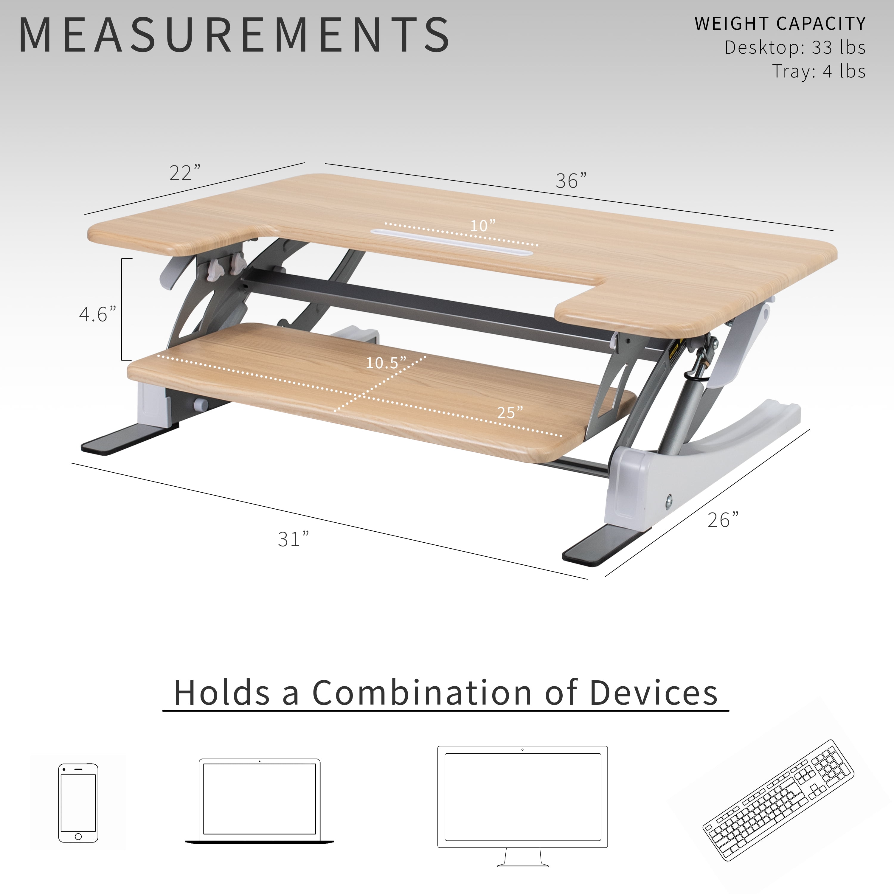 VIVO Light Wood Standing Desk Monitor Riser, Tabletop Sit to Stand, White Frame
