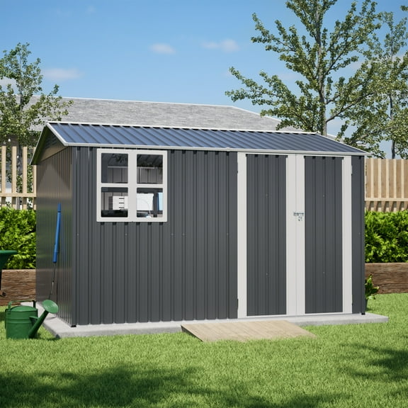 10X8FT Outdoor Steel Storage Shed with Clear Window, Utility Garden Shed with Lockable Door and Sloped Roof, Weather Resistant Organization for Garden, Lawn, Gray
