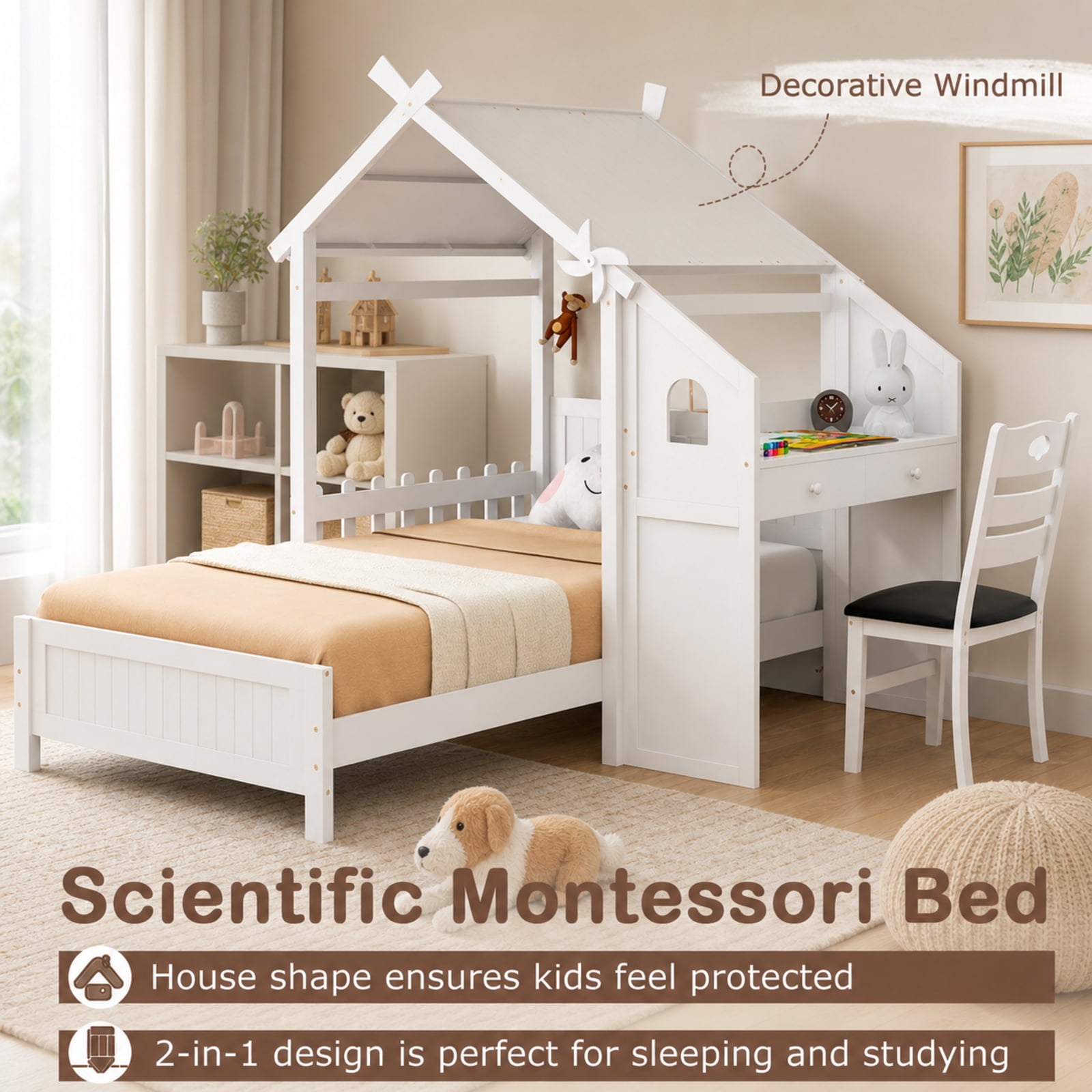 Furnibear White Twin House Bed with Built in Desk 2 Storage Drawers Ergonomic Study Chair Decorative Windmill High Headboard and Protective Fence for Nursery Bedroom