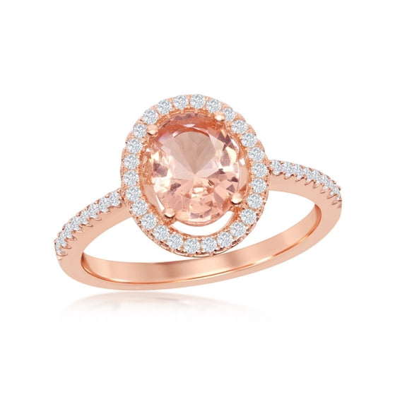 Sterling Silver Rose Gold Plated Oval Created Morganite and White Cubic Zirconia Bridal Ring-6