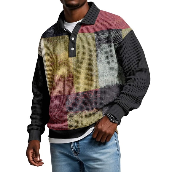 Nokdvo Chandails pour Hommes Mode Col à Revers Boutonné Chandail à Blocs de Couleur Automne Hiver Décontracté Col à Revers Manches Longues Pulls, Rose Vif 4TG