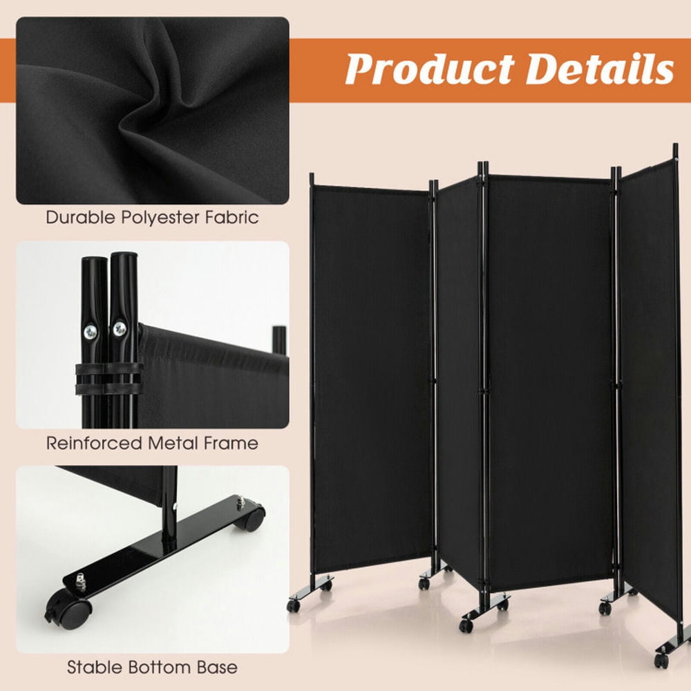 Resenkos Room Separator, Room Divider Panel,4-Panel Folding Room Divider 6 Feet Rolling Privacy Screen with Lockable Wheels-Black