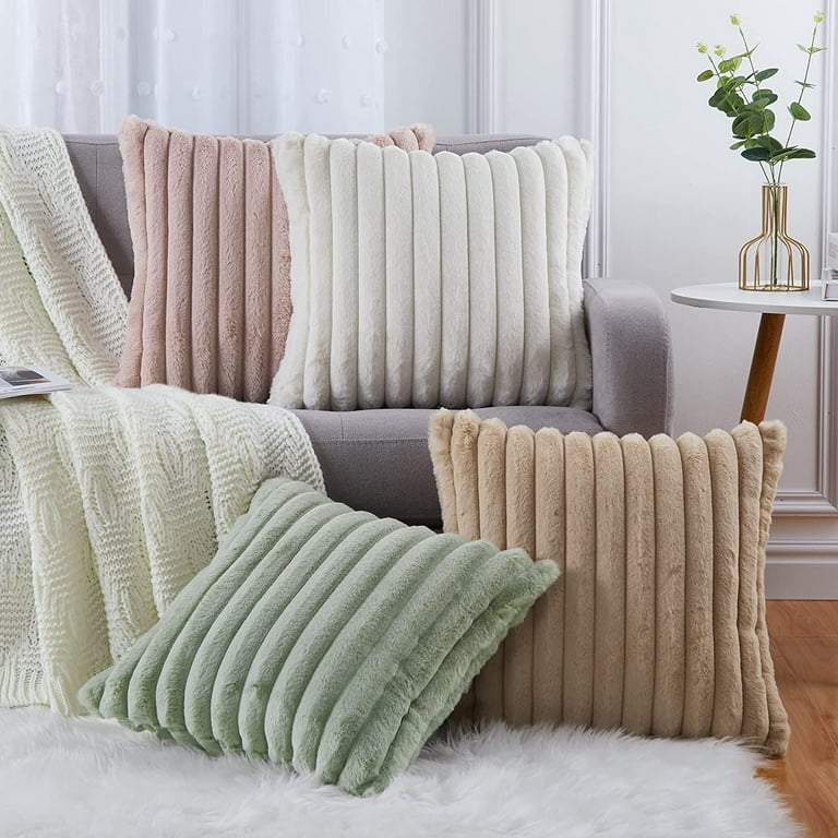 FUTEI Cream White Striped Decorative Throw Pillow Covers 18x18 Inch Set of  2,Square Winter Decorations Couch Pillow Case,Soft Cozy Faux Rabbit Fur 